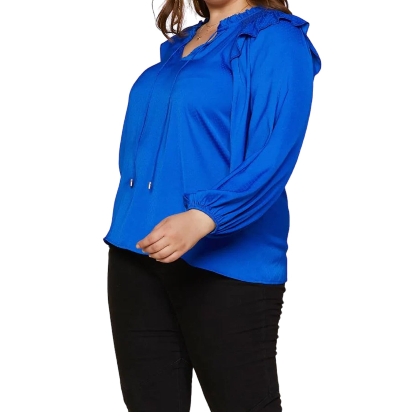 SKIES ARE BLUE Women's Plus Front Tie Ruffle Trim Puff Sleeve Blouse