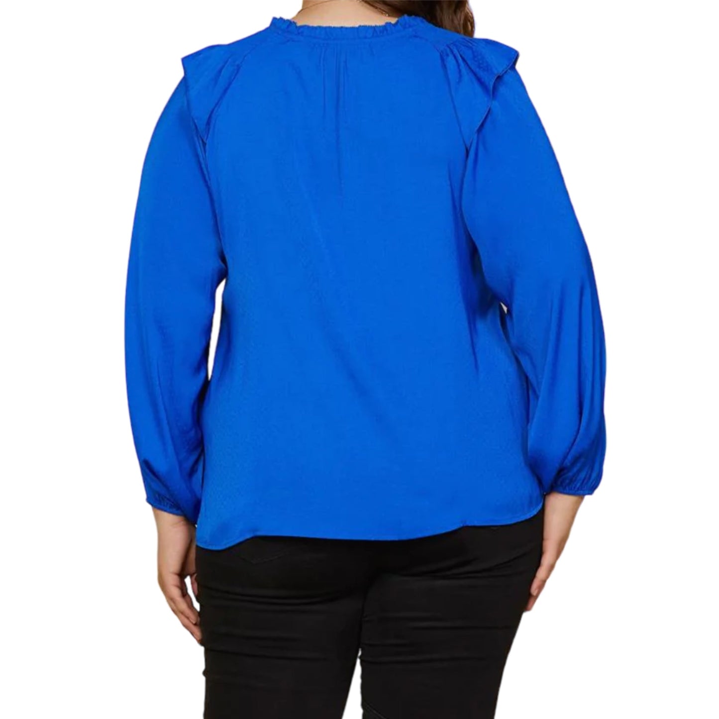 SKIES ARE BLUE Women's Plus Front Tie Ruffle Trim Puff Sleeve Blouse