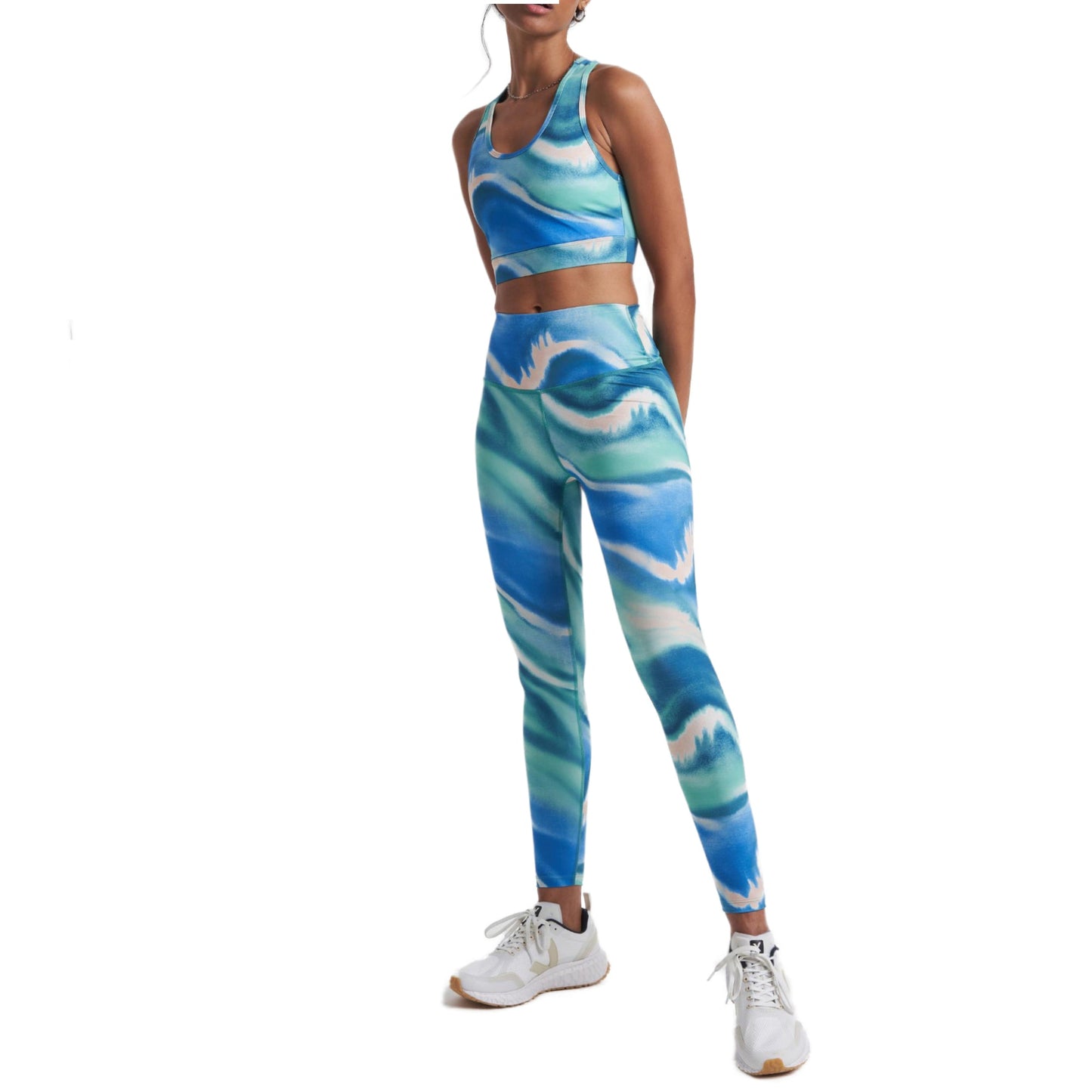 SPLITS59 Women's High Waist Moister Wicking Marbled Print Bardot Leggings and Top Collection