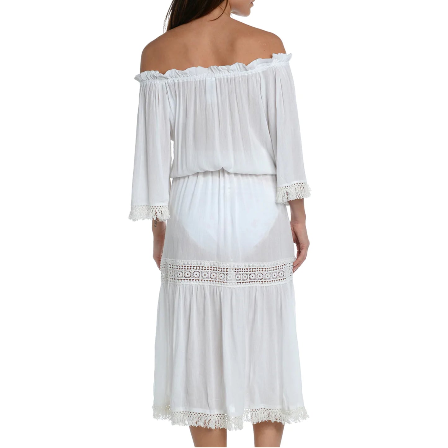 SUNSHINE 79 Women's Crochet Trim Off-the-shoulder Midi Dress Beach Swim Cover-Up