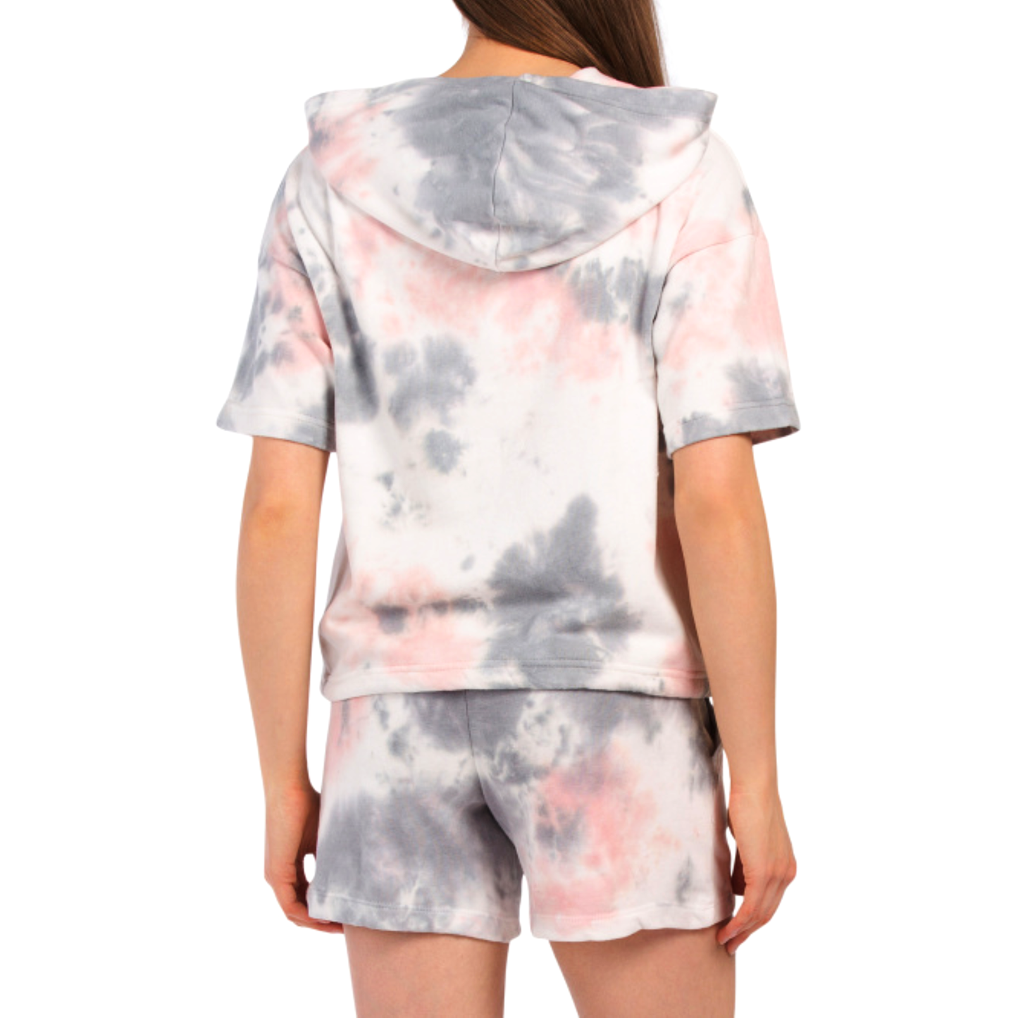 TE VERDE Women's Soft Cotton Fleece Lined Short Sleeve Tie Front Tie Dye Hoodie