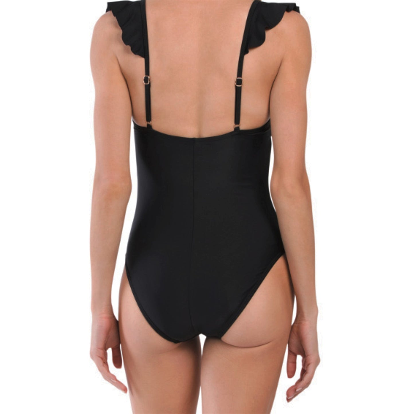 T Tahari Women's Polka Dot Solid Ruffle Surplice One-piece Swimsuit