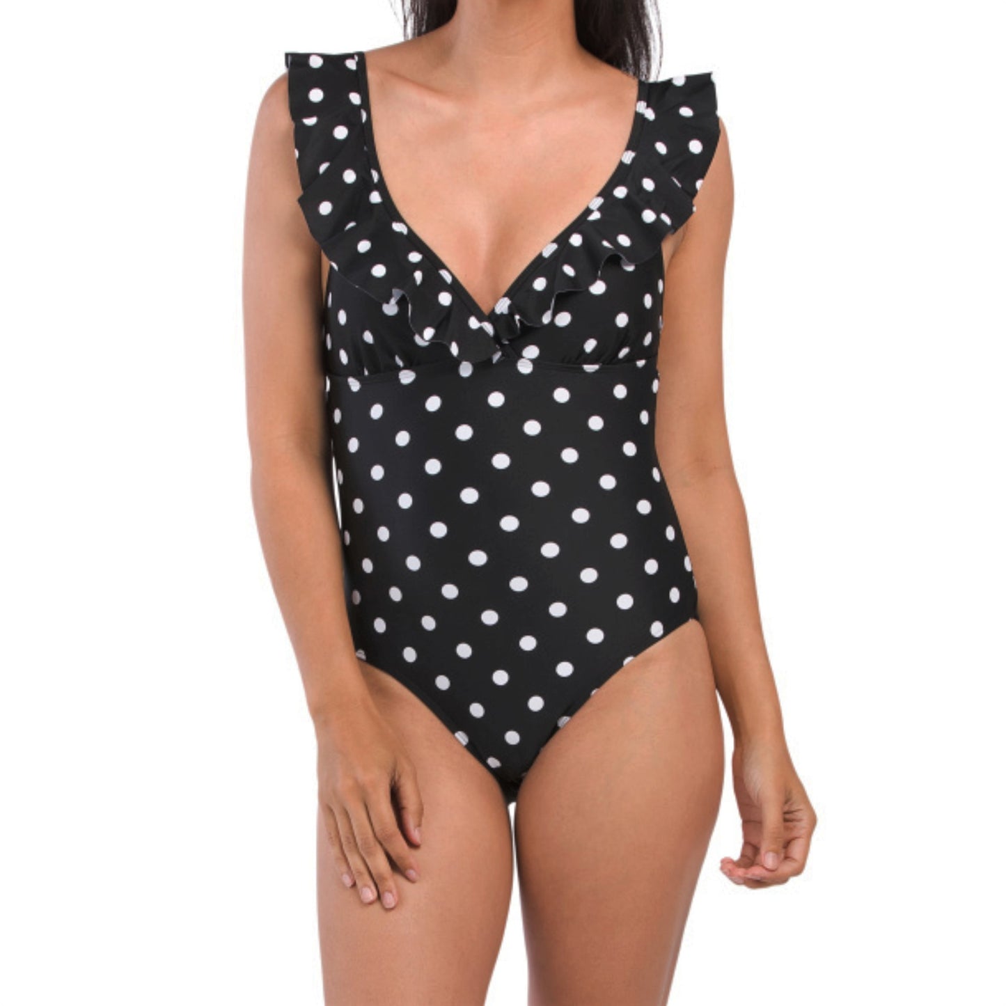 T Tahari Women's Polka Dot Solid Ruffle Surplice One-piece Swimsuit