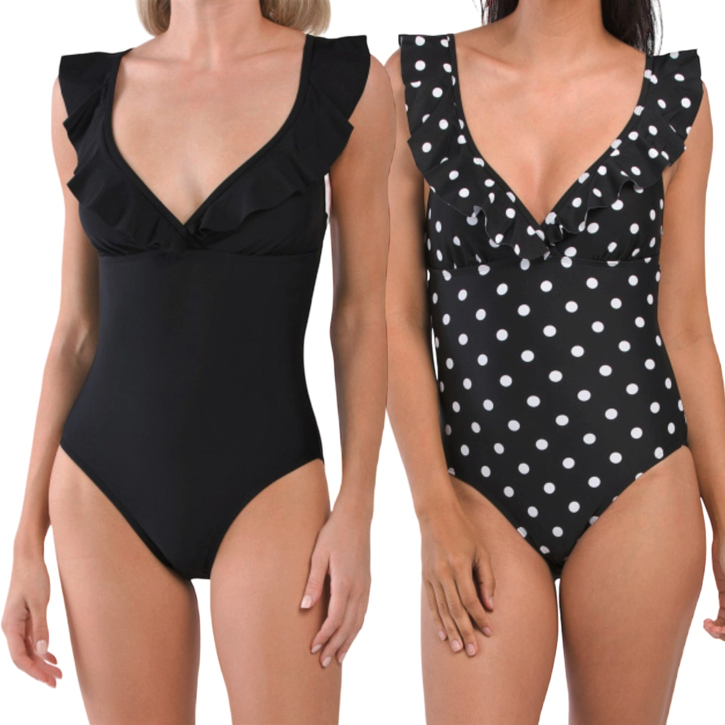 T Tahari Women's Polka Dot Solid Ruffle Surplice One-piece Swimsuit