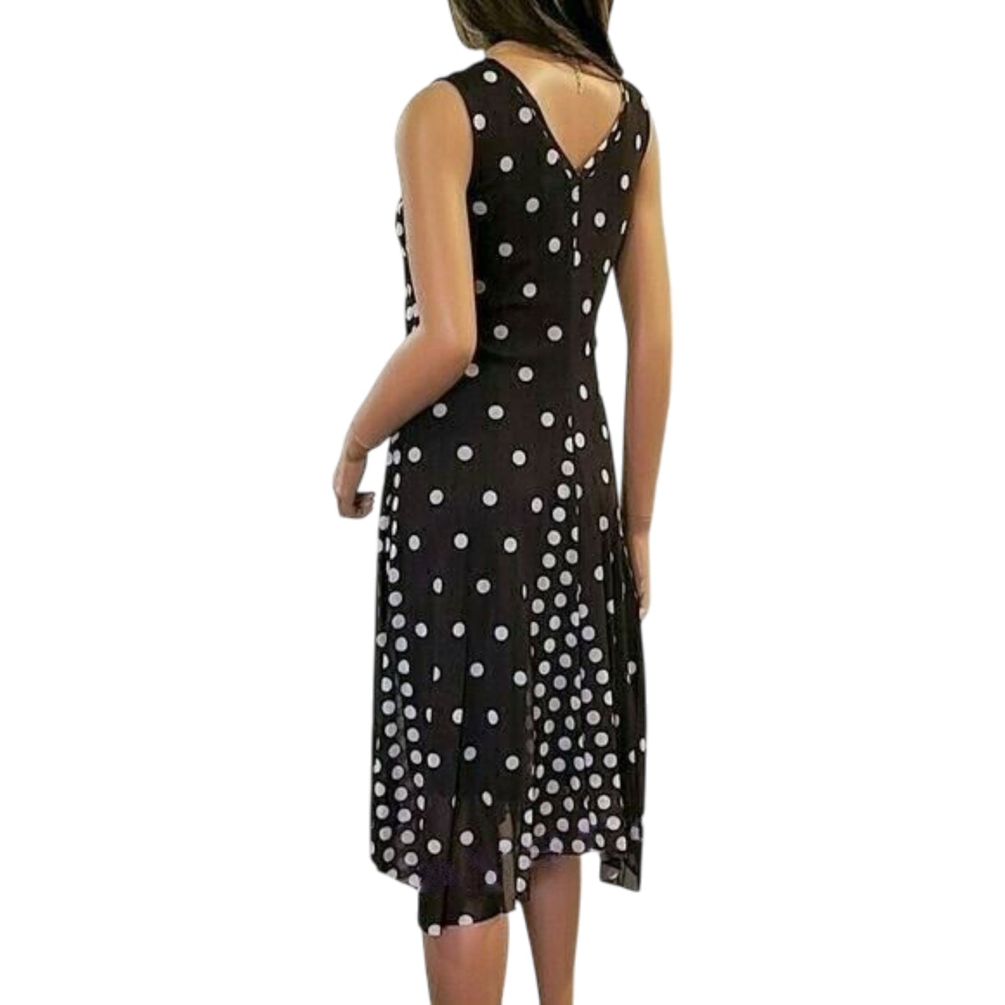 T TAHARI Women's Polka Dot Print Sharkbite Hem Mesh Overlay Midi Dress