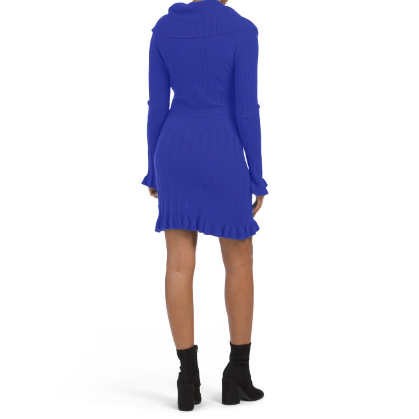 VERTIGO Cowl Neck Pleated Skirt Waist Tie Ribbed Knit Mini Dress