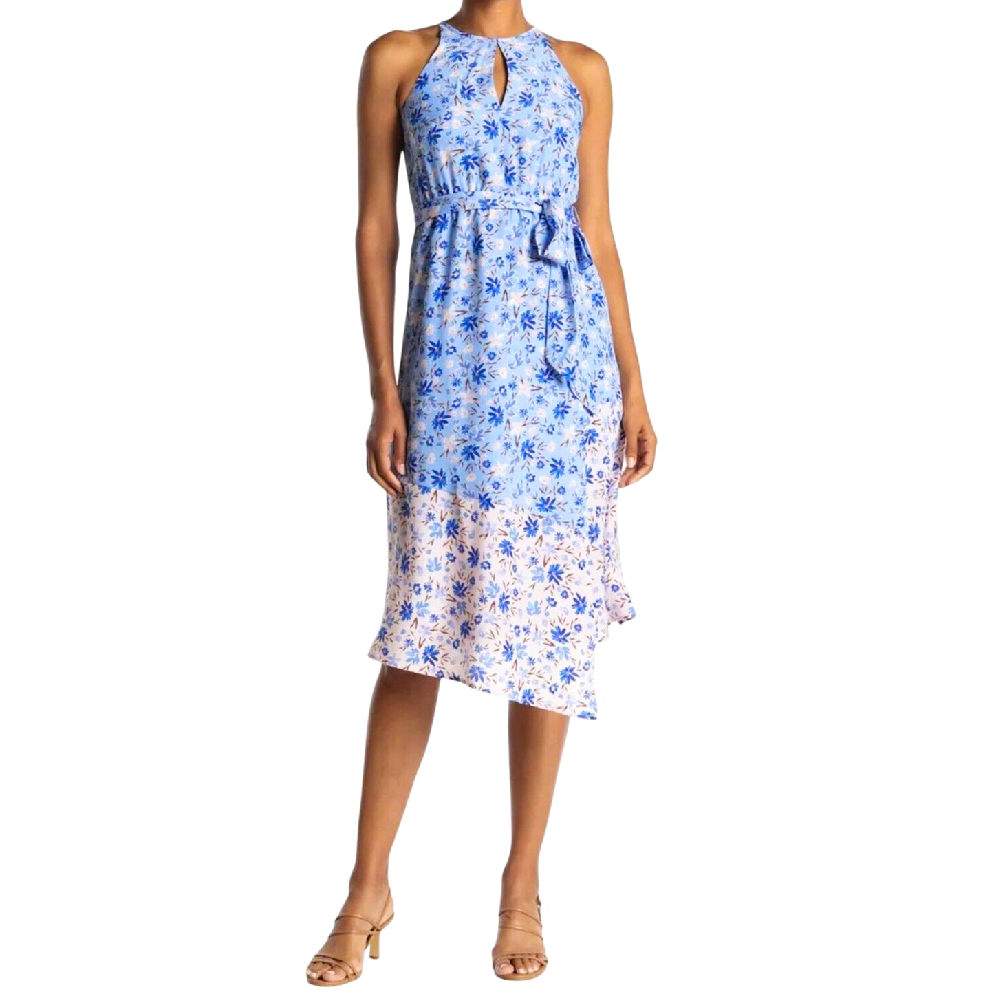 Vince Camuto Women's Mixed Floral Print Halter Neck Asymmetric Midi Dress