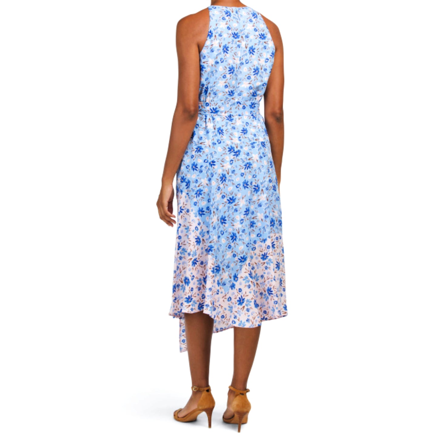 Vince Camuto Women's Mixed Floral Print Halter Neck Asymmetric Midi Dress