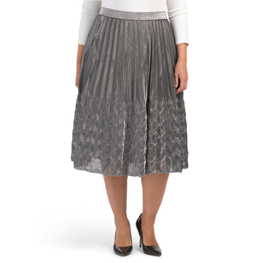 WDNY Women's Plus Metallic Shimmer Pleated Midi Skirt