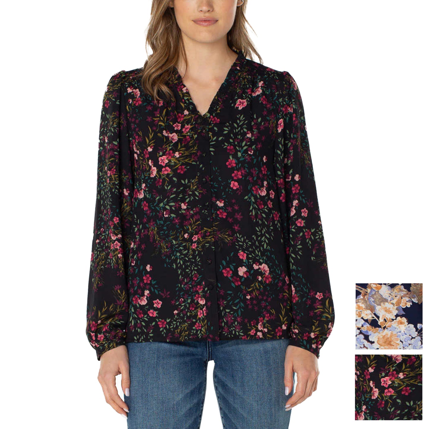 Well Worn Women's Floral Print Ruffle Neck Lightweight Button Front Blouse