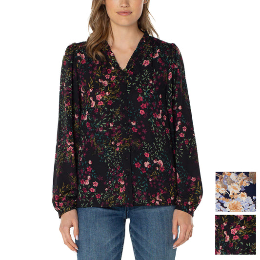 Well Worn Women's Floral Print Ruffle Neck Lightweight Button Front Blouse