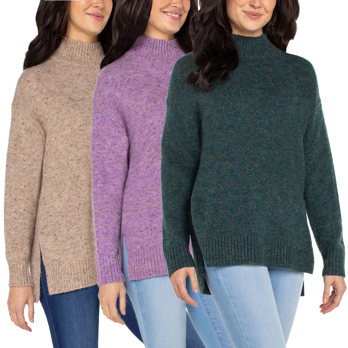 Well Worn Women's Mock Neck High Low Hem Cozy Soft Nep Yarn Sweater