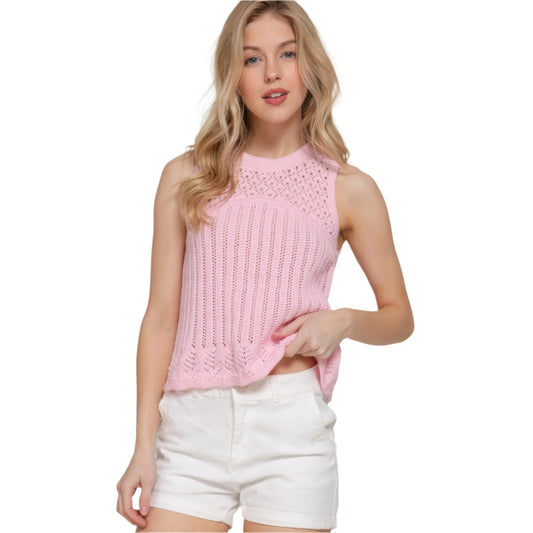 Women's Cotton Blend Sleeveless Round Neck Crochet Summer Sweater Top