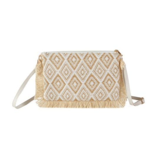 Women's Ivory Cotton Blend Diamond Checker Tassel Edge Crossbody Bag