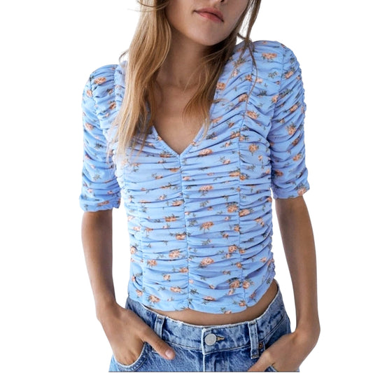Zara Floral Print V Neck Elbow Sleeve Ruched Cropped Top