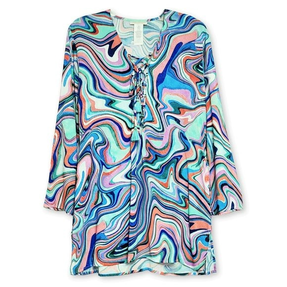 La Blanca Women's Swirl Print Long Sleeves Lace Up Beach Pool Tunic Cover Up