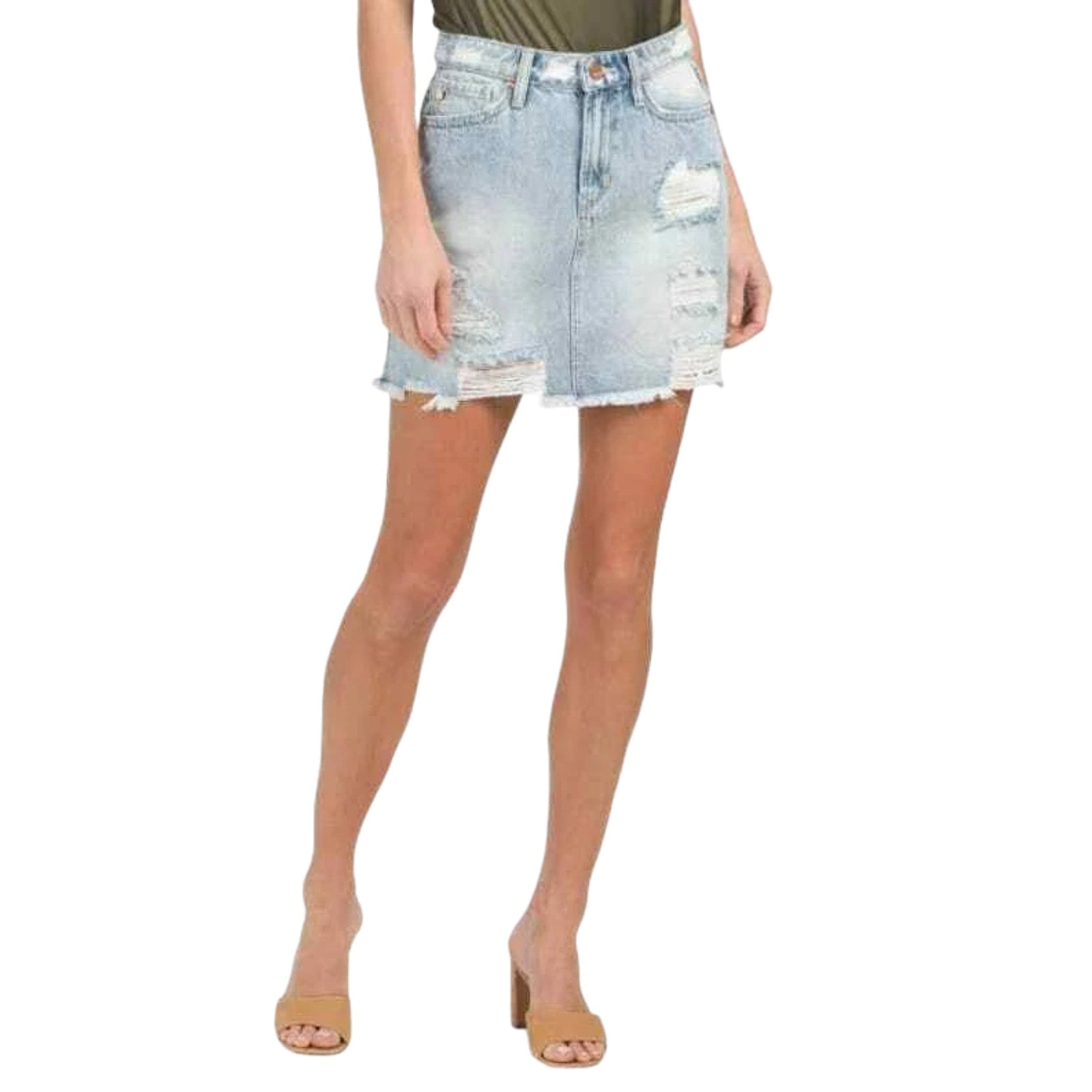 DEAR JOHN Women's Kaylee High Rise Frayed Hem Jean Destructed Denim Mini Skirt