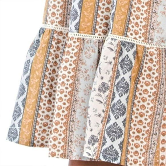 Lucky Brand Women's Floral Stripe Shoulder Tie Smock Tiered Cotton Summer Midi Dress