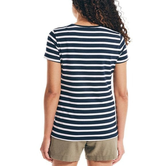 Nautica Women's V-Neck Stripe Logo Tee Soft Cotton Jersey T-Shirt