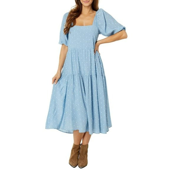 MOON RIVER Clip Dot Cut-out Tie Closure Back Tiered Midi Dress