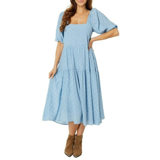 MOON RIVER Clip Dot Cut-out Tie Closure Back Tiered Midi Dress