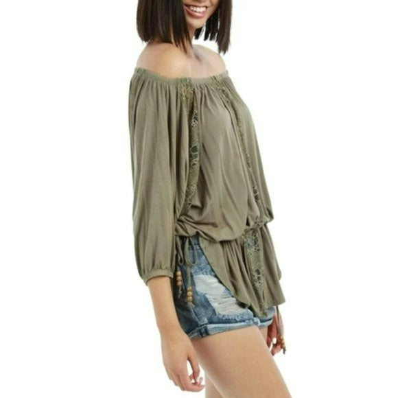 POL Boho Off the Shoulder Lace inserts Cotton blend Blouse Tunic