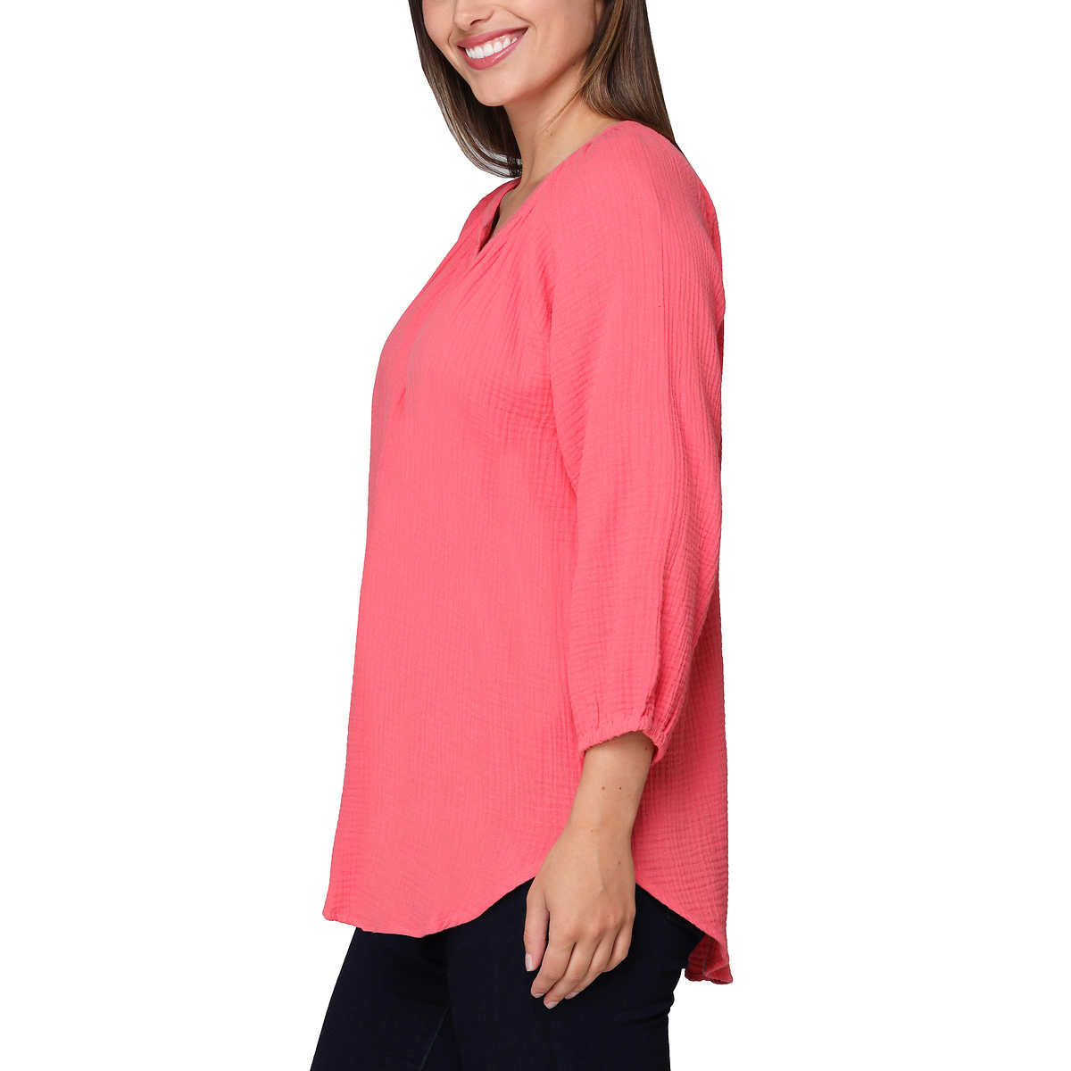 Nicole Miller Women's Notch Neck Raglan Sleeve Top Cotton Gauze Tunic Blouse