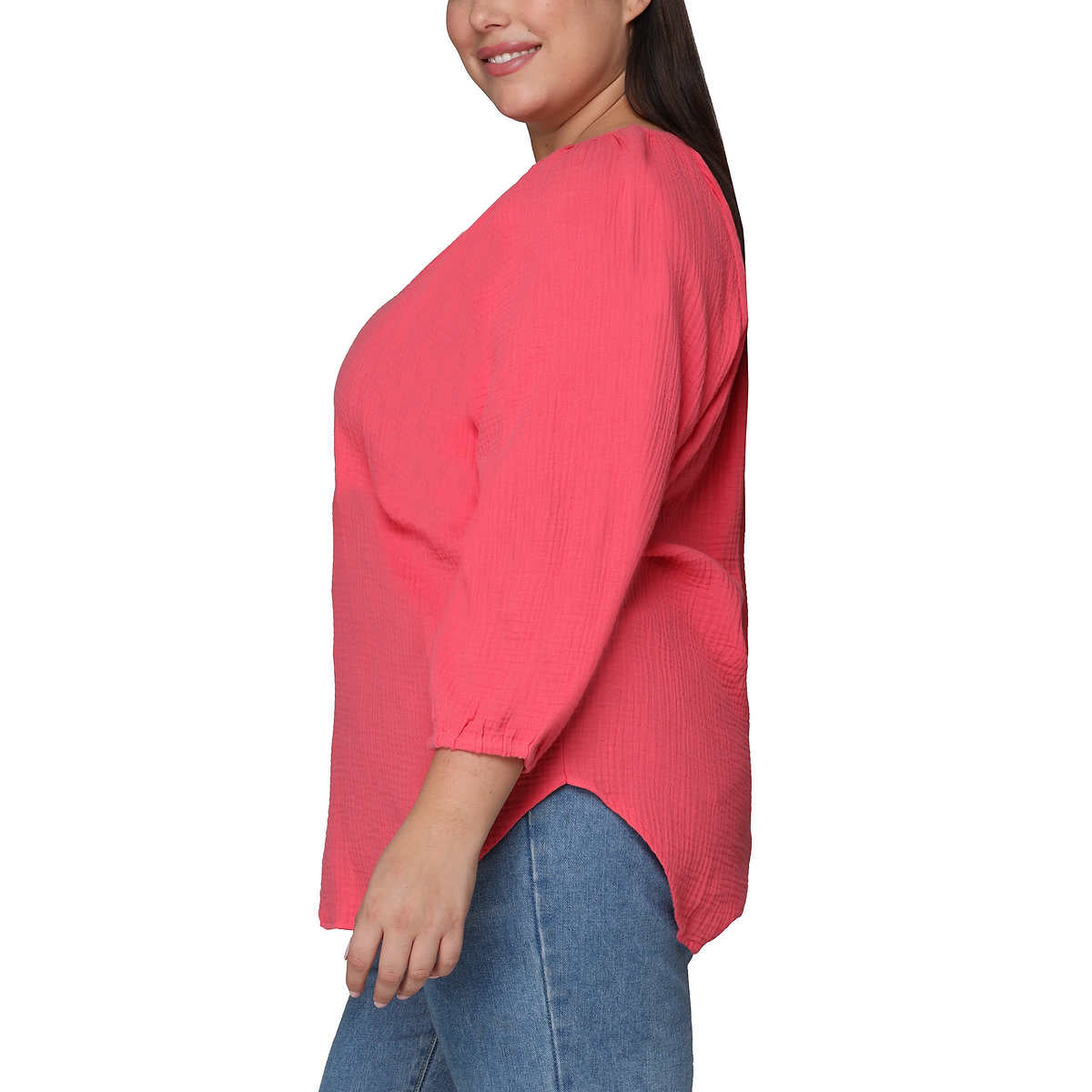 Nicole Miller Women's Notch Neck Raglan Sleeve Top Cotton Gauze Tunic Blouse