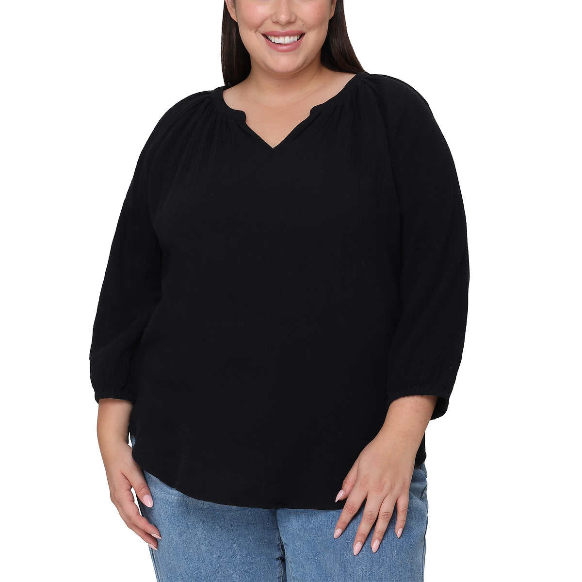 Nicole Miller Women's Notch Neck Raglan Sleeve Top Cotton Gauze Tunic Blouse