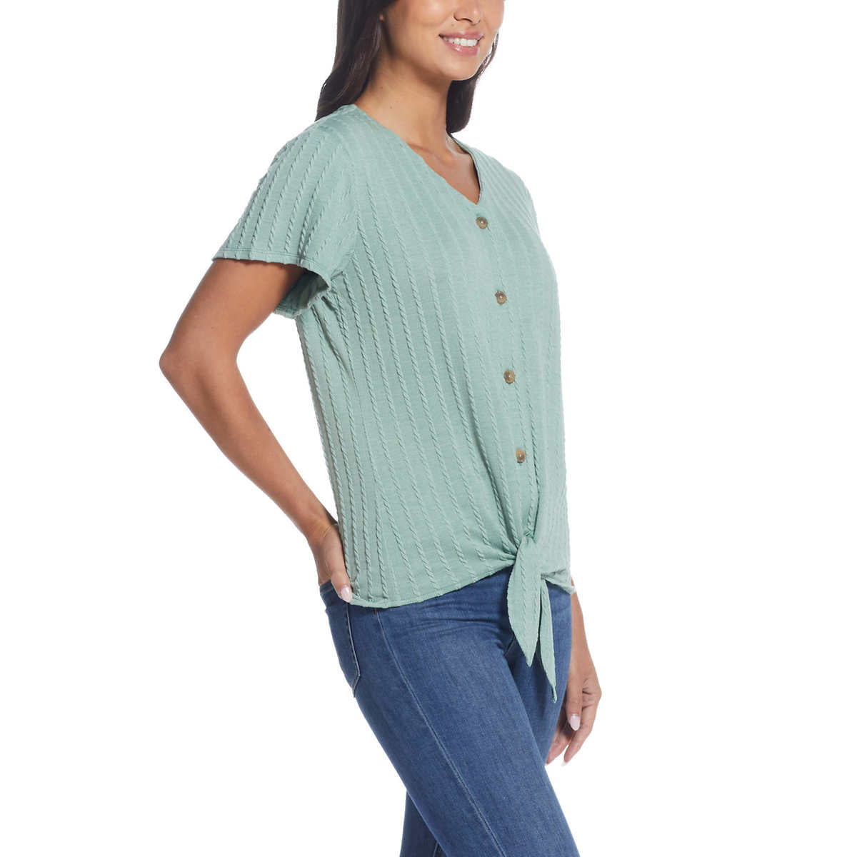 Weatherproof Vintage Women's Tie Front T-Shirt V-Neck Braided Knit Top