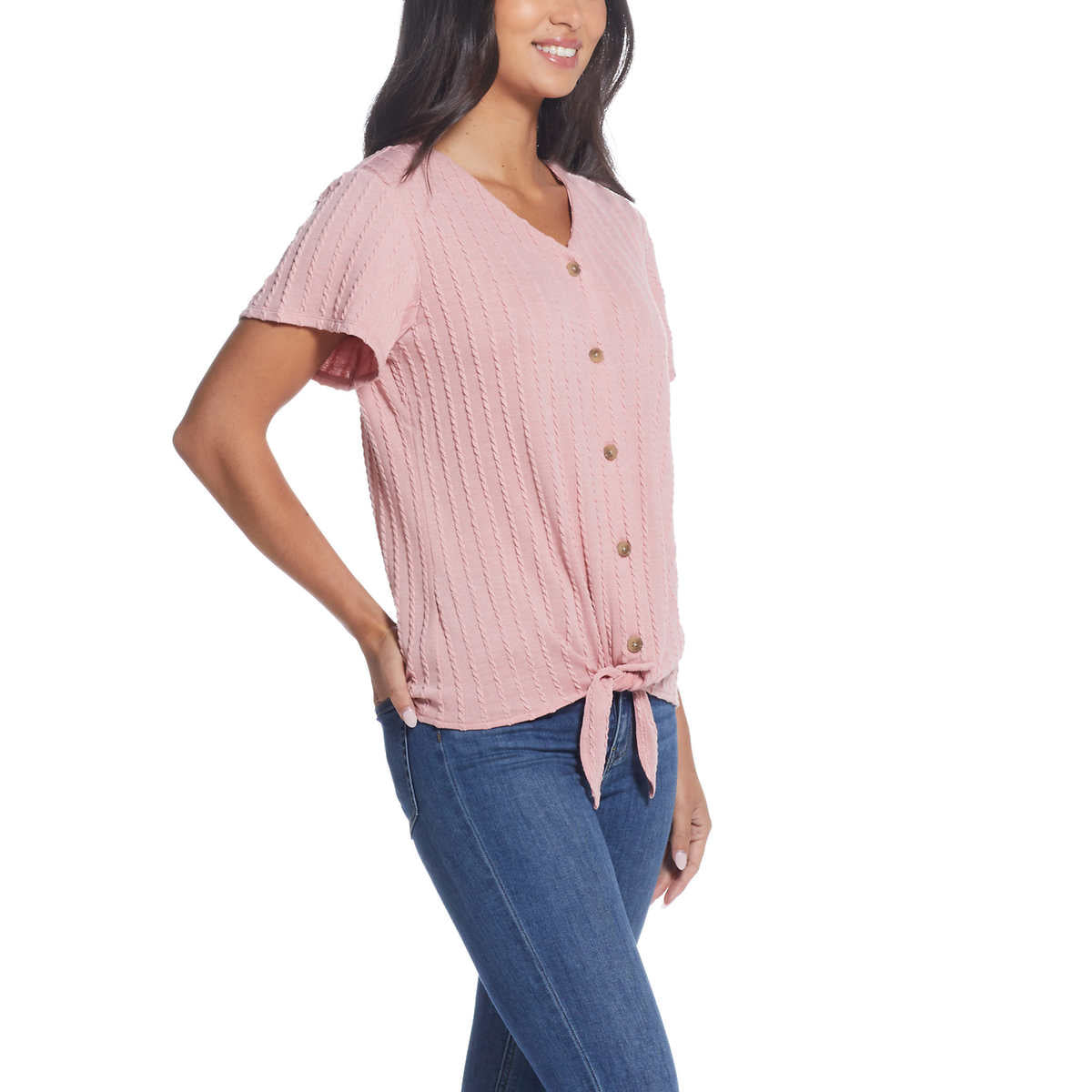 Weatherproof Vintage Women's Tie Front T-Shirt V-Neck Braided Knit Top