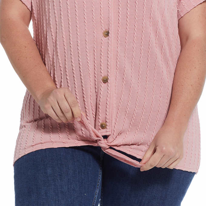 Weatherproof Vintage Women's Tie Front T-Shirt V-Neck Braided Knit Top