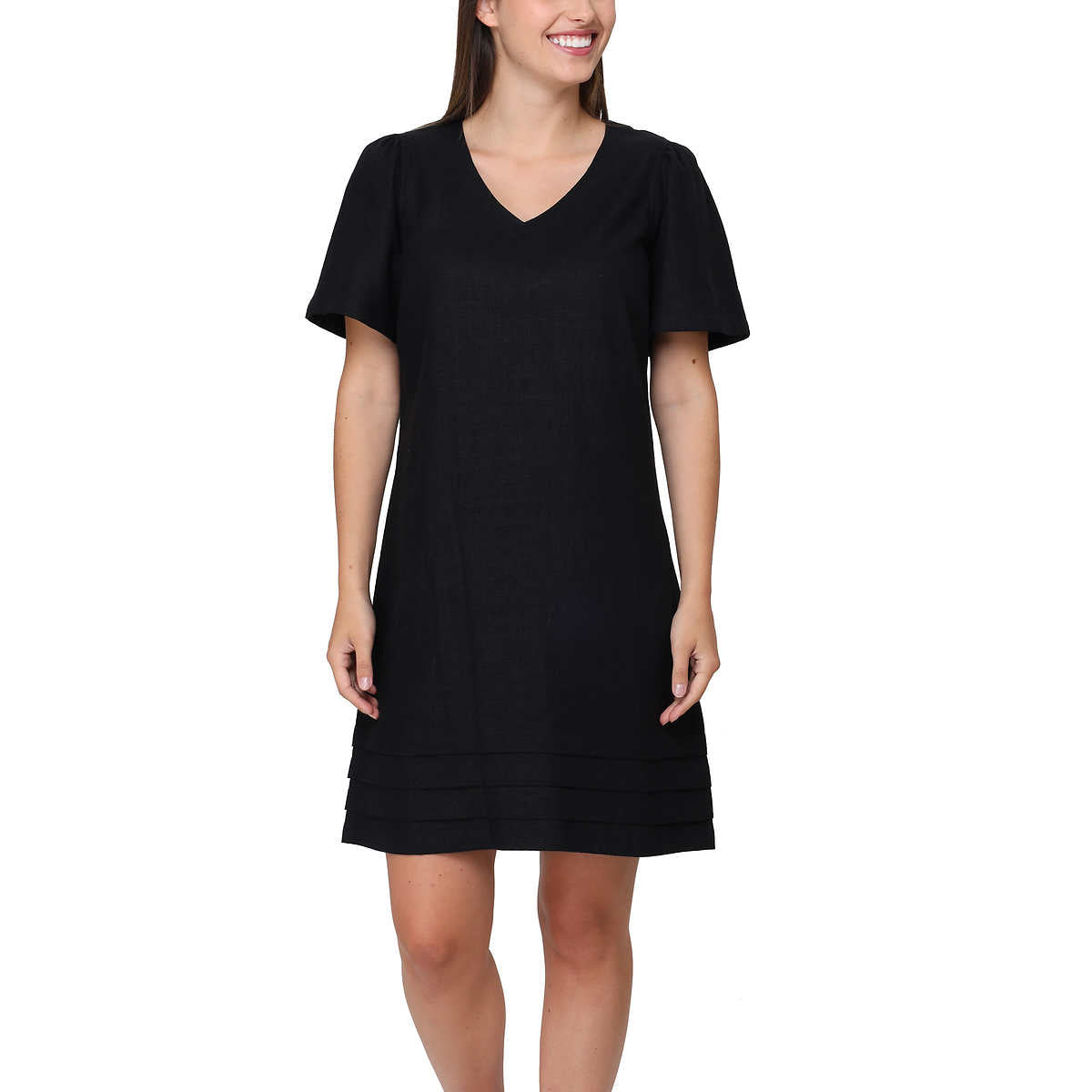 Nicole Miller Women's V-Neck Linen Blend Mini Dress Black / XL Nicole Miller Women's V-Neck Linen Blend Mini Dress Black / XL