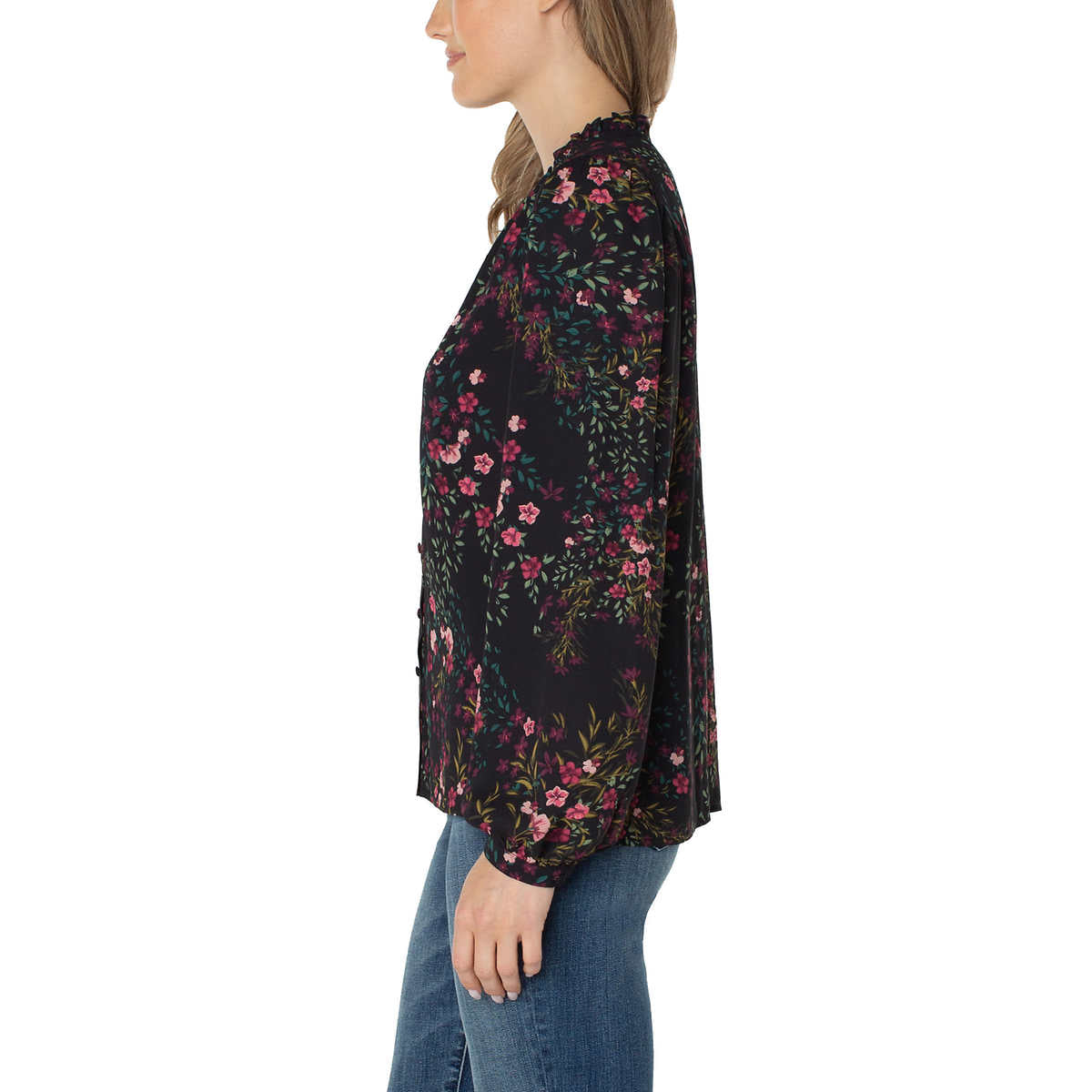 Well Worn Women's Floral Print Ruffle Neck Lightweight Button Front Blouse
