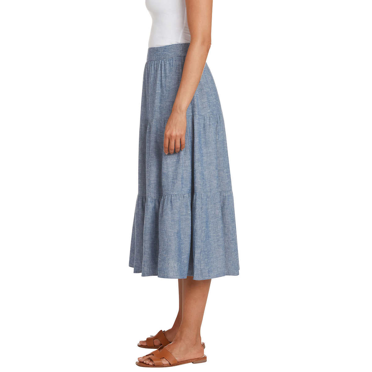 Matty M Women's Linen Blend Side Slit Pockets Tiered Midi Skirt
