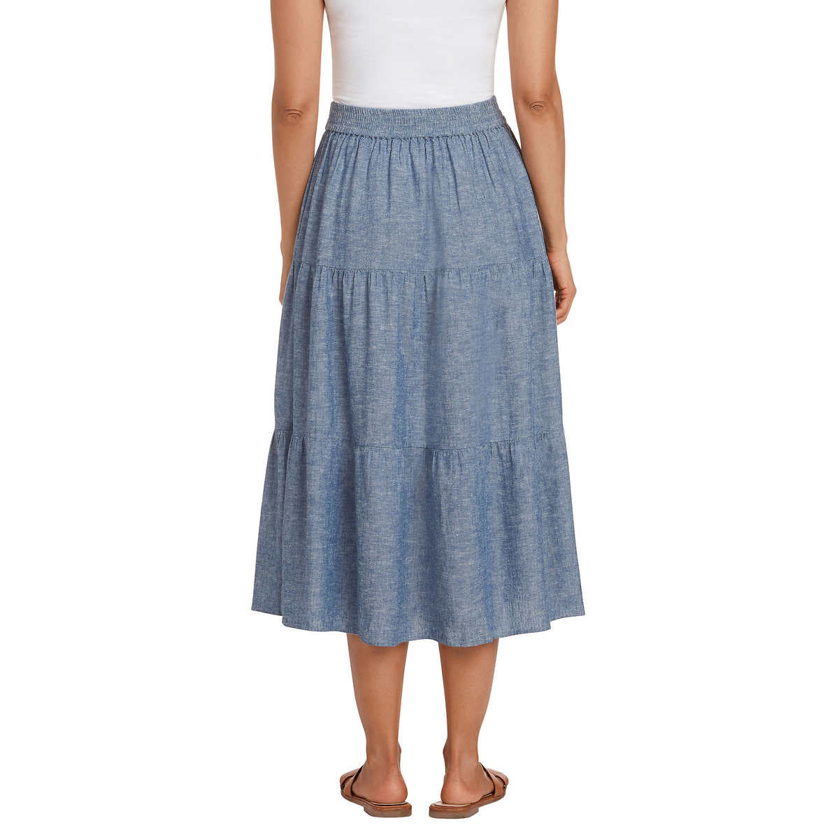 Matty M Women's Linen Blend Side Slit Pockets Tiered Midi Skirt