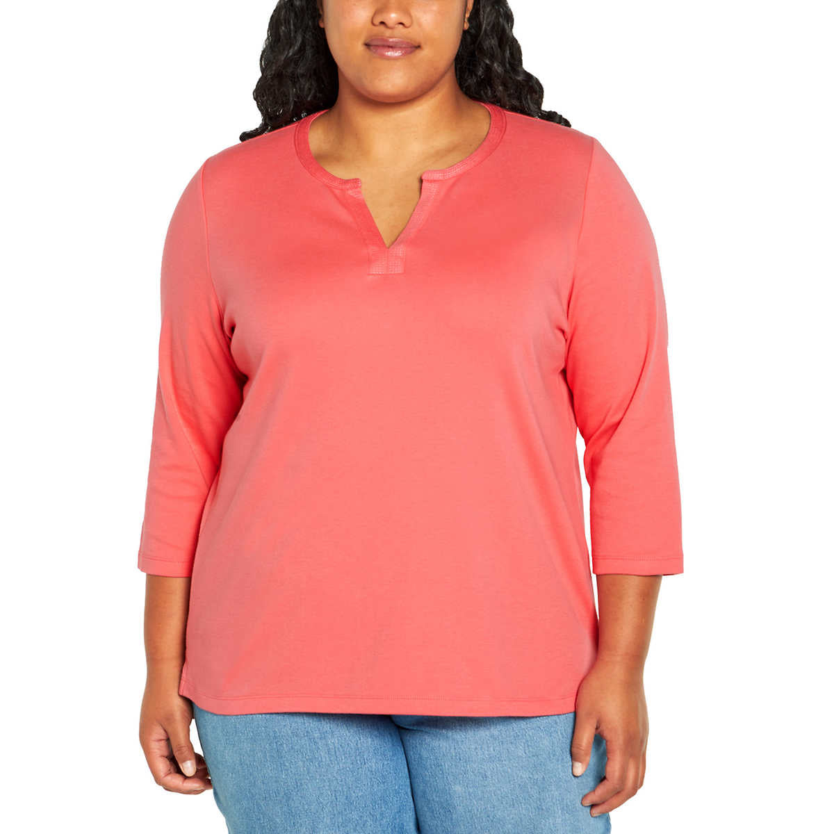 Orvis Women's Three Quater Sleeve Split Neck Soft Pima Cotton Blouse Top
