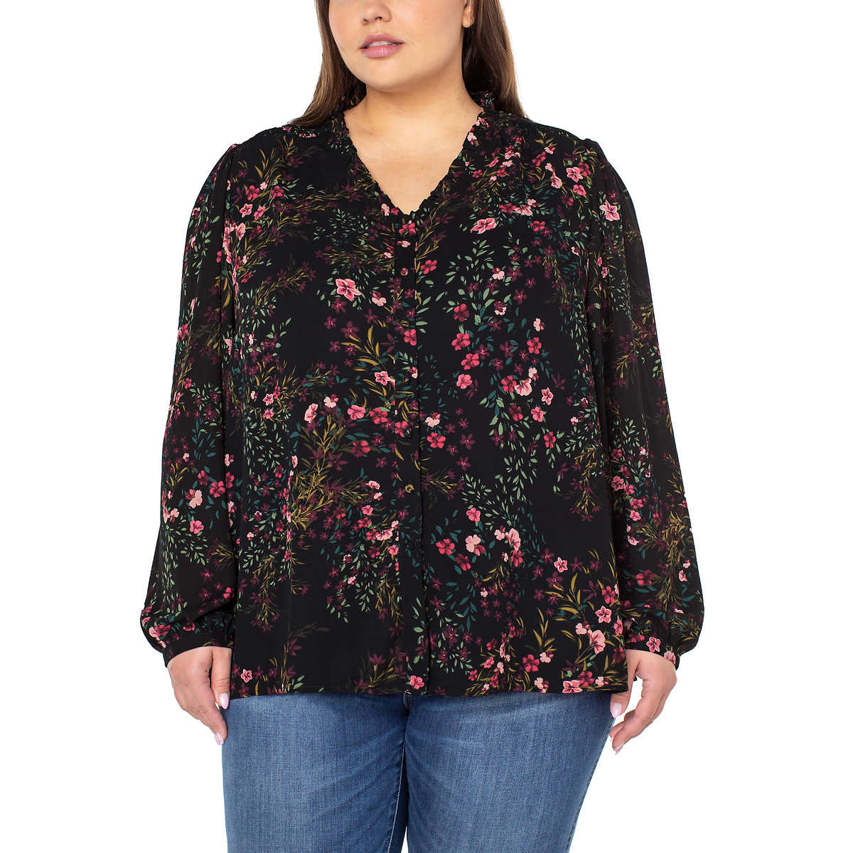 Well Worn Women's Floral Print Ruffle Neck Lightweight Button Front Blouse