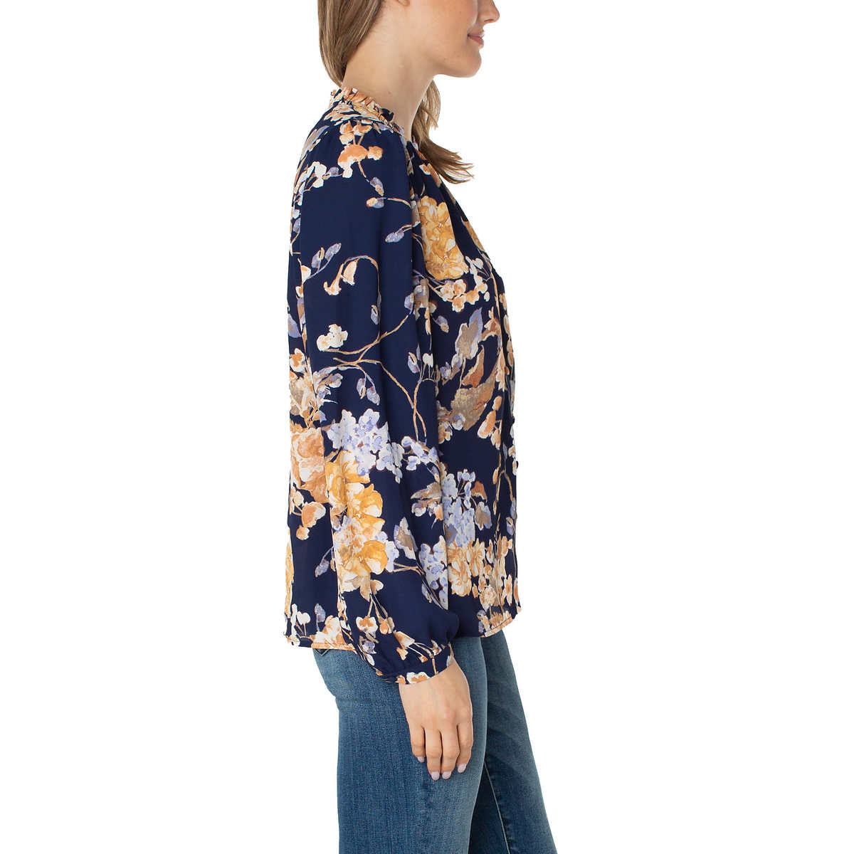 Well Worn Women's Floral Print Ruffle Neck Lightweight Button Front Blouse