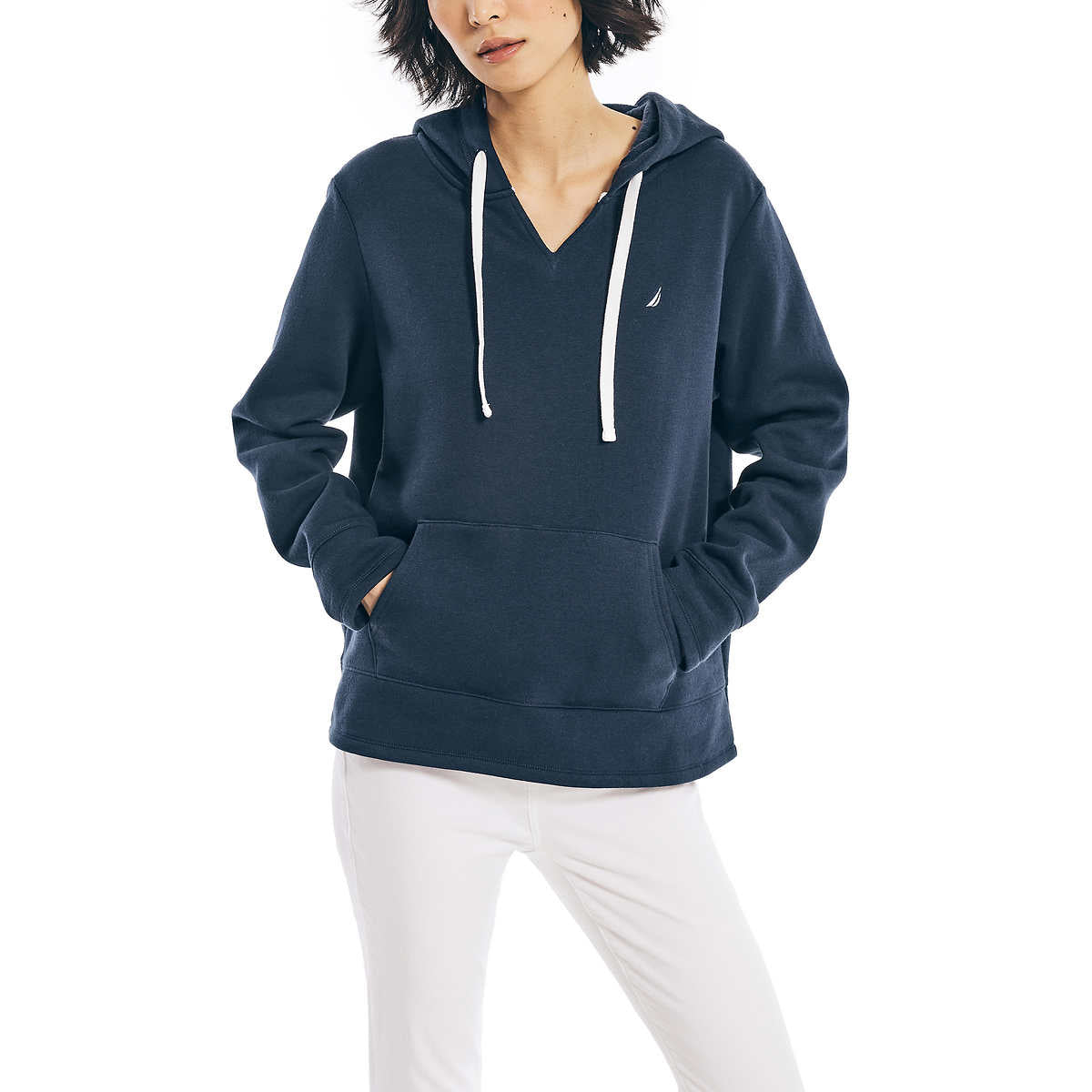 Nautica Women's V-Neck Kangaroo Front Pocket Sweatshirt Cotton Blend Hoodie
