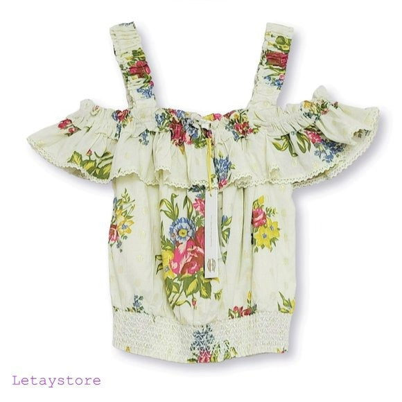 Hause of Harlow Smocked Floral Print Ruffle Off the shoulder Blouse Top