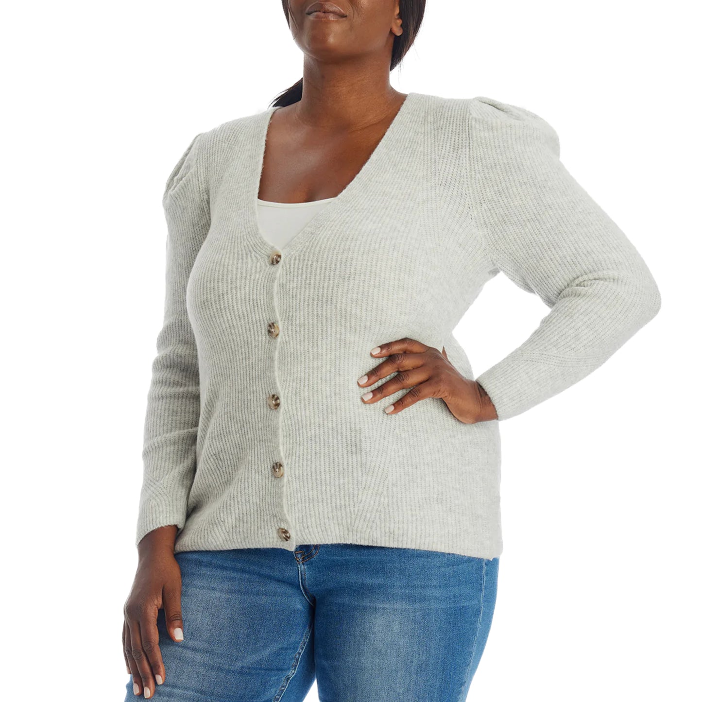 1.STATE Women's Plus Puff Long Sleeve Button Front Top Soft Knit Cardigan
