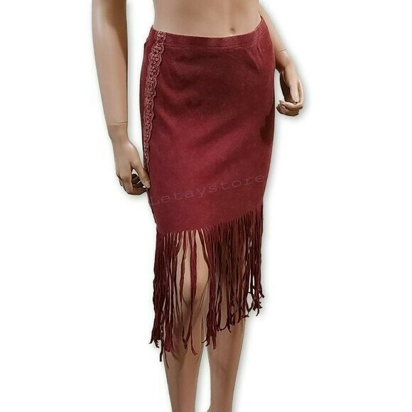 POL Boho Ribbed Cotton Fringe Hem Lace Trim Midi Skirt