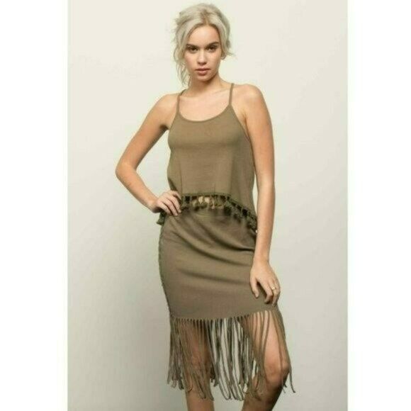 POL Boho Ribbed Cotton Fringe Hem Lace Trim Midi Skirt