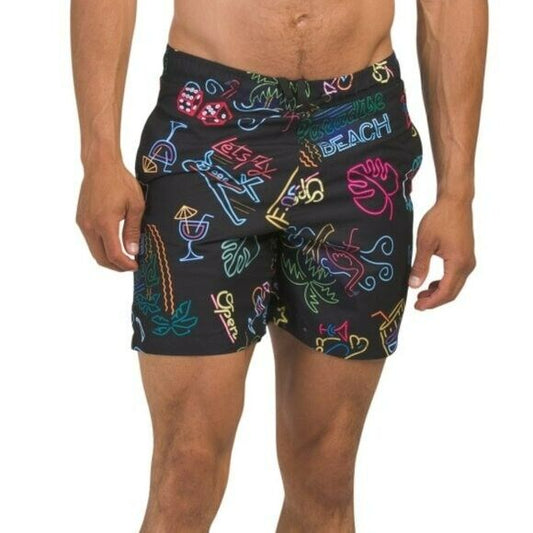 SURF SOCIETY Men's Neon Tiki Bar Printed Beach Shorts Pool Swim Trunks