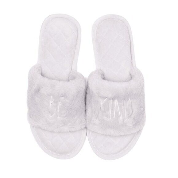 RAE DUNN Be Kind Quilted Faux Fur Cozy Slide Slippers