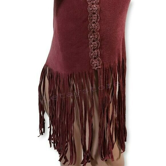 POL Boho Ribbed Cotton Fringe Hem Lace Trim Midi Skirt