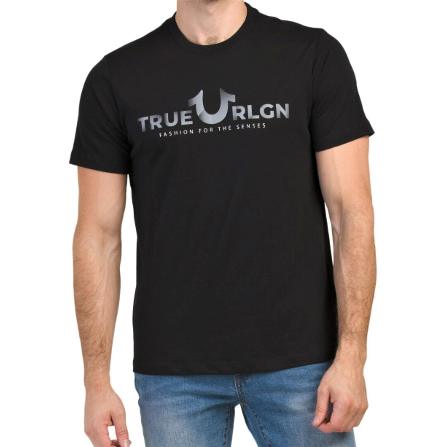 True Religion Men's Graphic Logo Print Foil Crew Neck T-Shirt Black