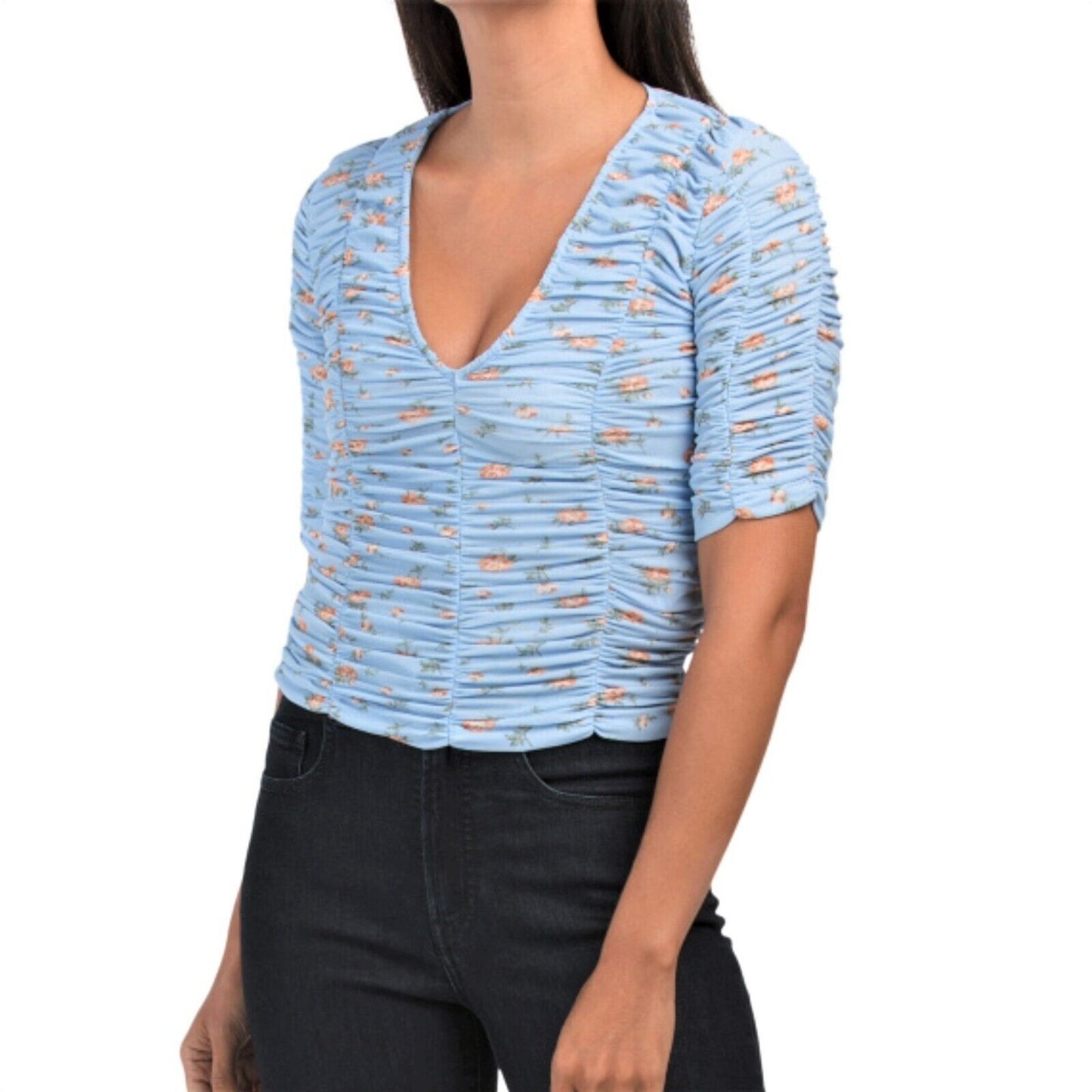 Zara Floral Print V Neck Elbow Sleeve Ruched Cropped Top