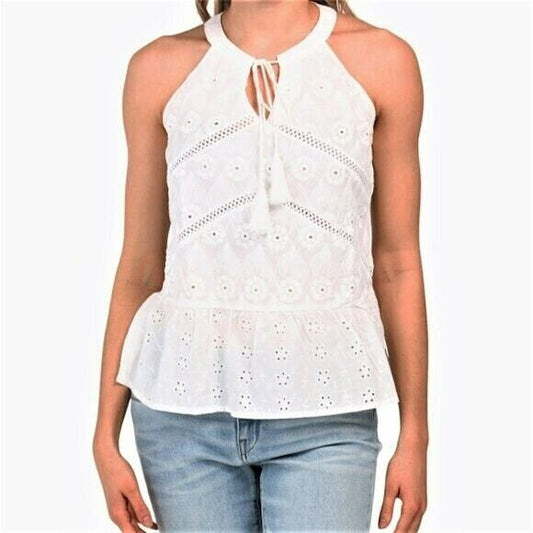 ADIVA Women's Floral Eyelet Peplum Hem Tassels Tie Cotton Tank Top